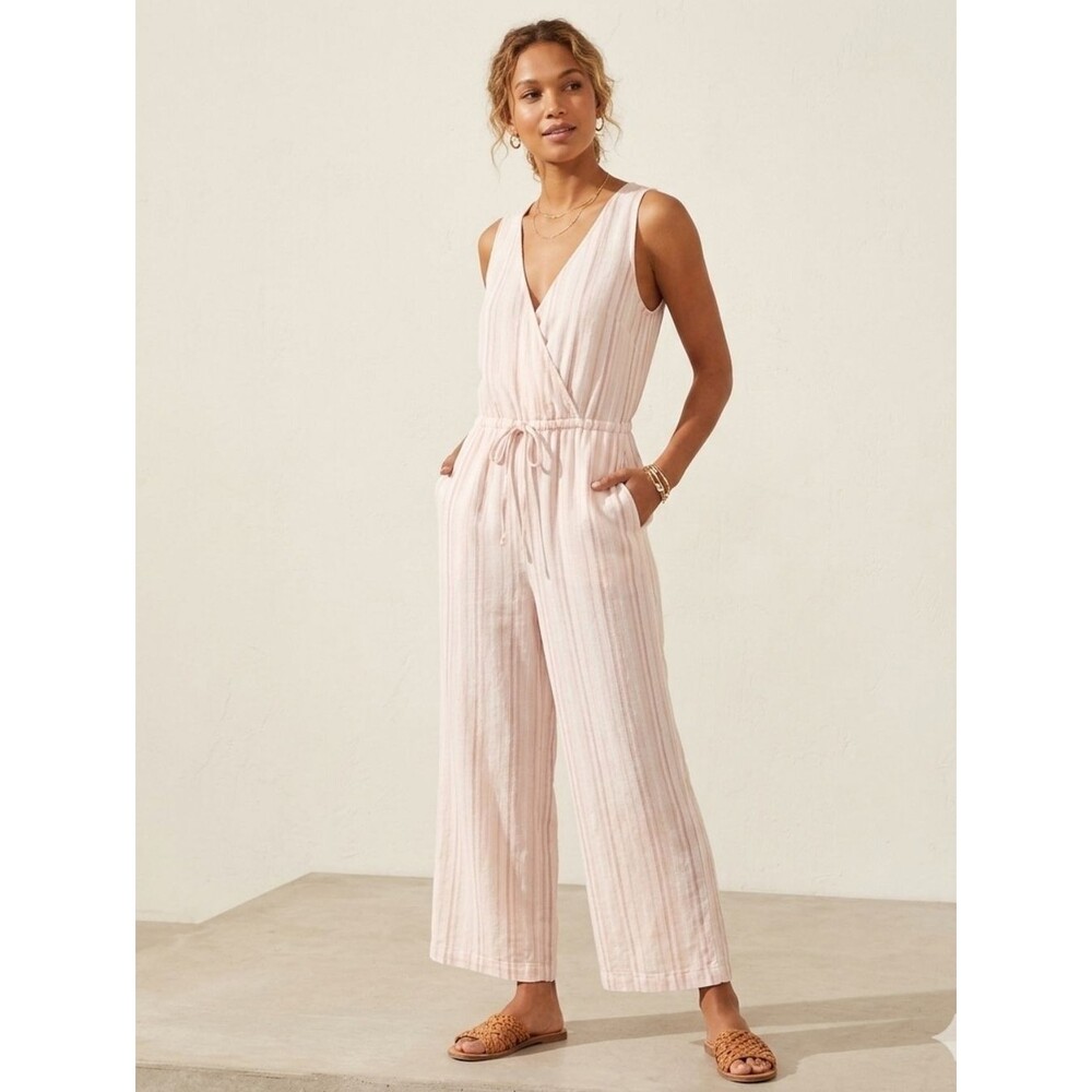 True Craft Peach & White Striped Wide Leg Wrap Jumpsuit